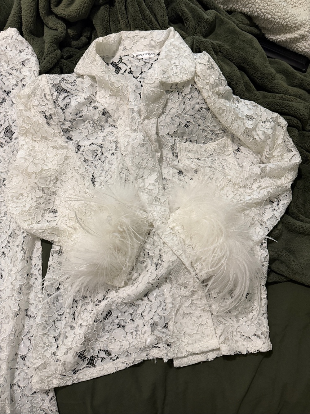 White Lace Bridal Pajama Set with Feather Trim - Picture 2 of 3